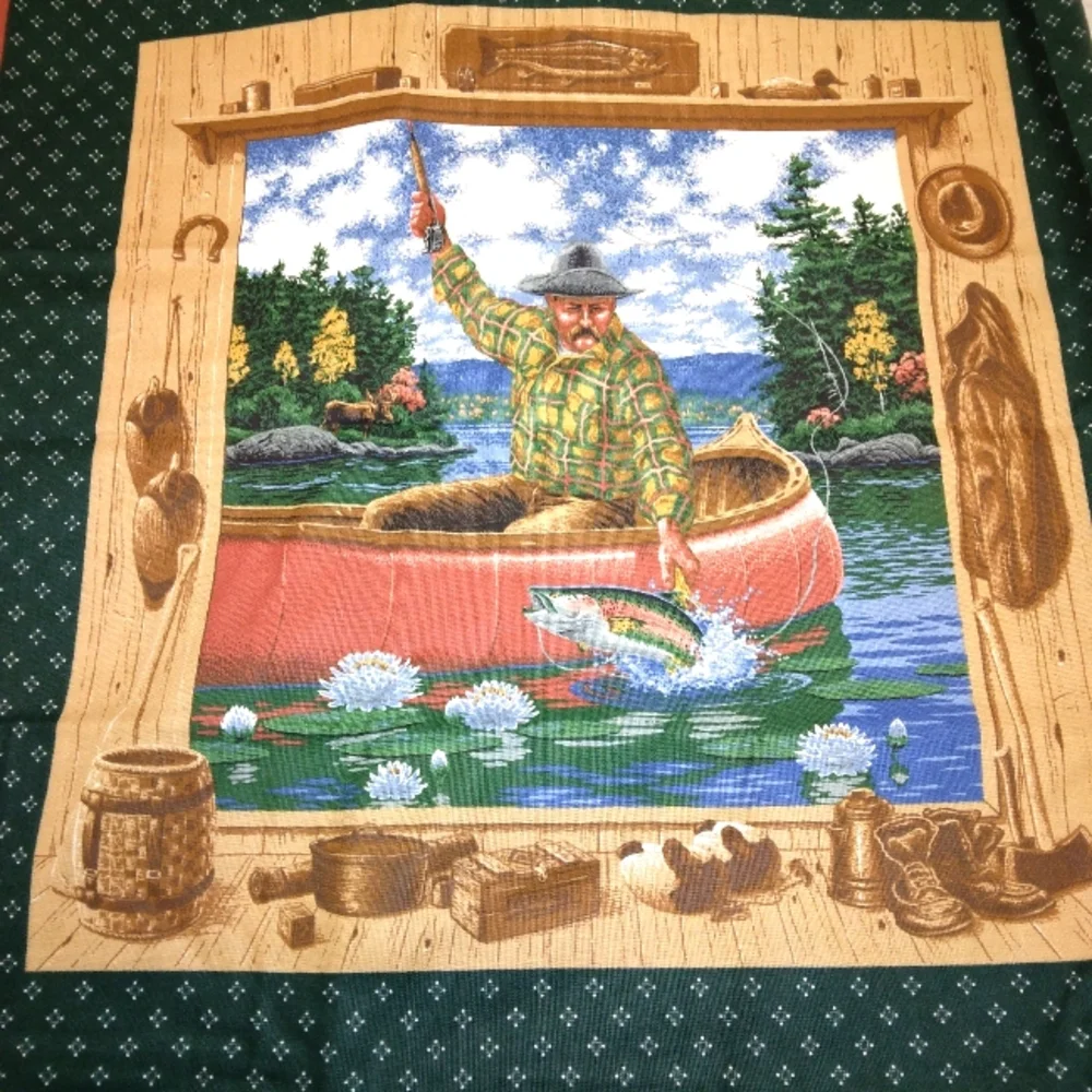 FABRIC PILLOW PANELS with border, fishing scenes by Joan Messmore